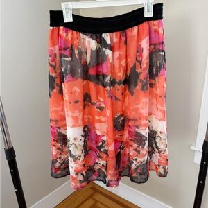 Rue Envy Coral Pink Abstract A-Line Skirt with Black Waistband